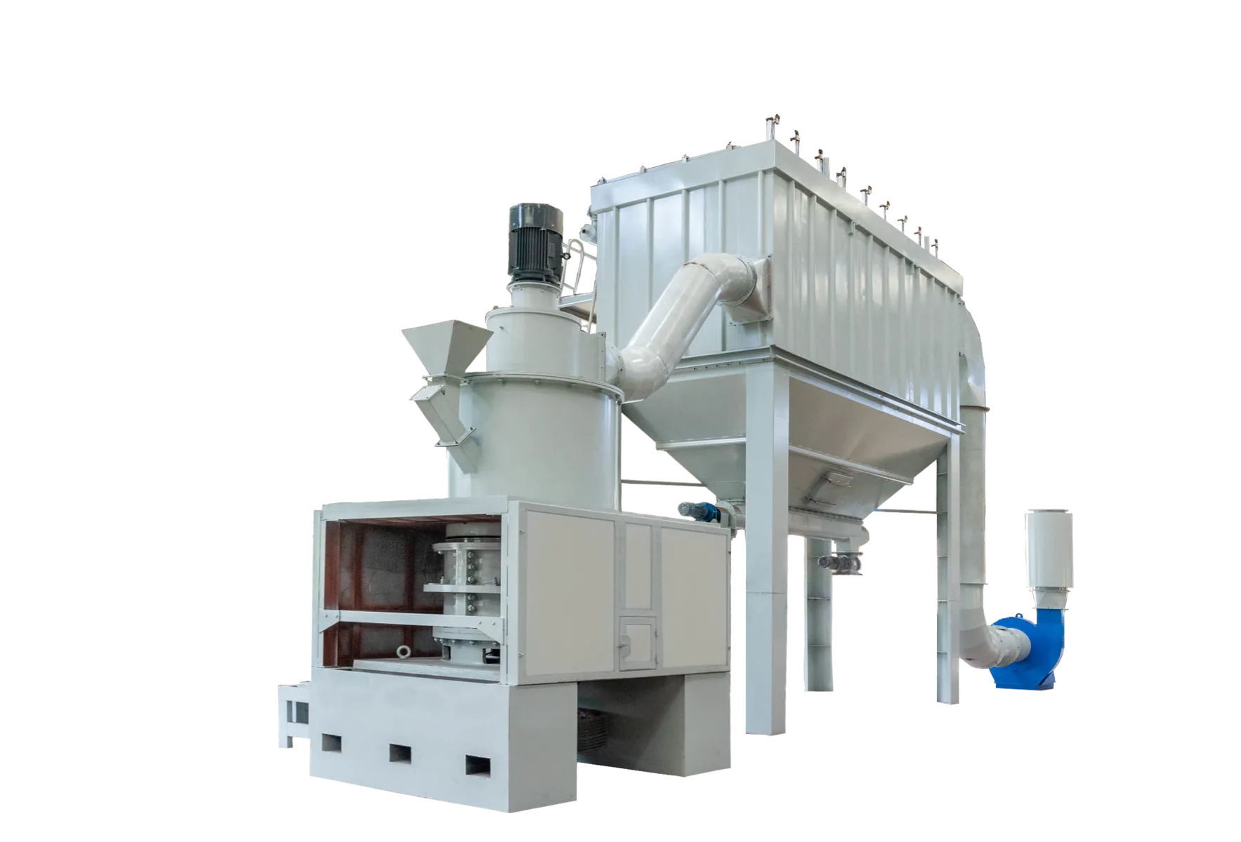 Front view of the CRGM grinding mill showing grinding chamber, drive and collection system